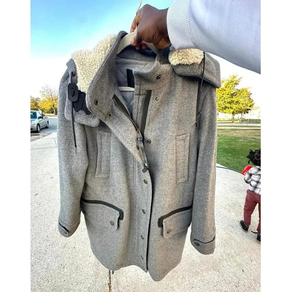 Coach Women’s Granite Gray Wool Coat Jacket With Hoodie And Leather Trims Size M - Picture 17 of 17